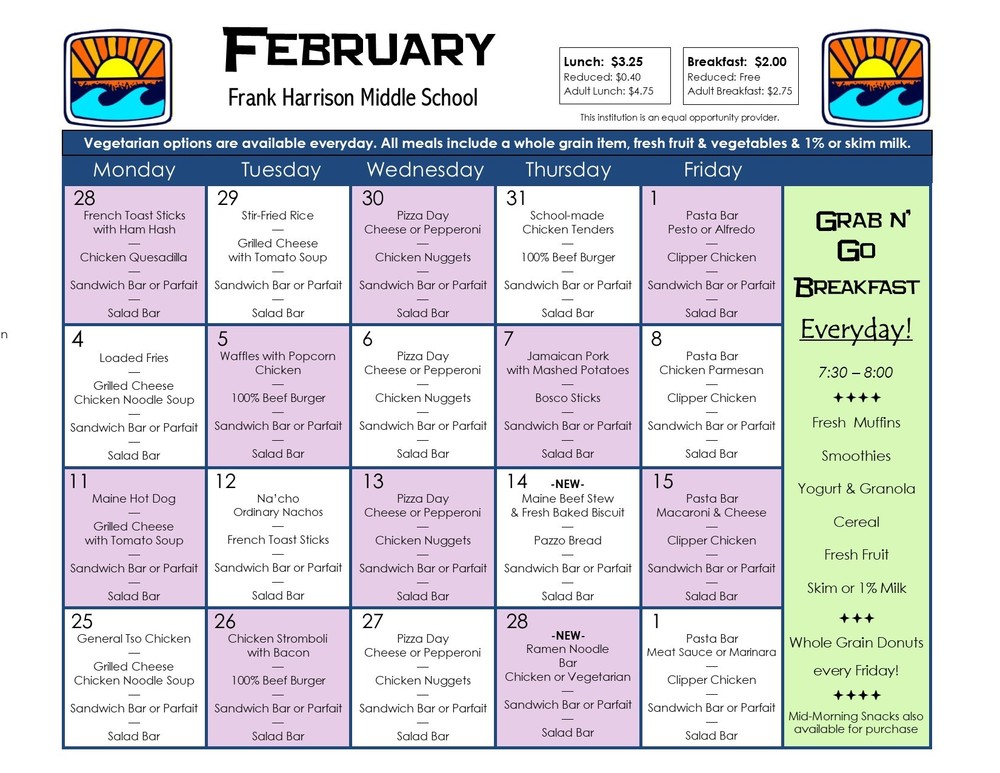 February Menu | FRANK H. HARRISON MIDDLE SCHOOL