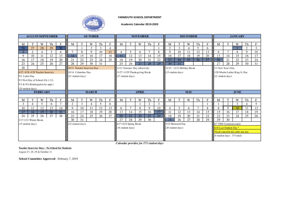 20192020 Approved Calendar YARMOUTH ELEMENTARY SCHOOL