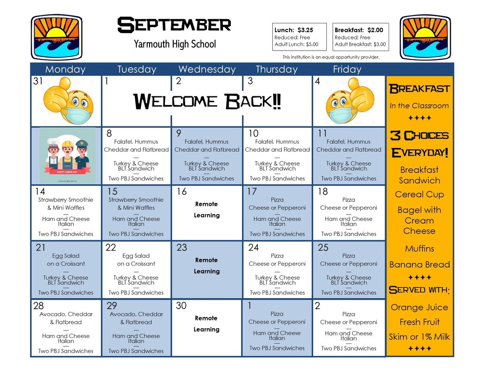 September Menu | YARMOUTH HIGH SCHOOL