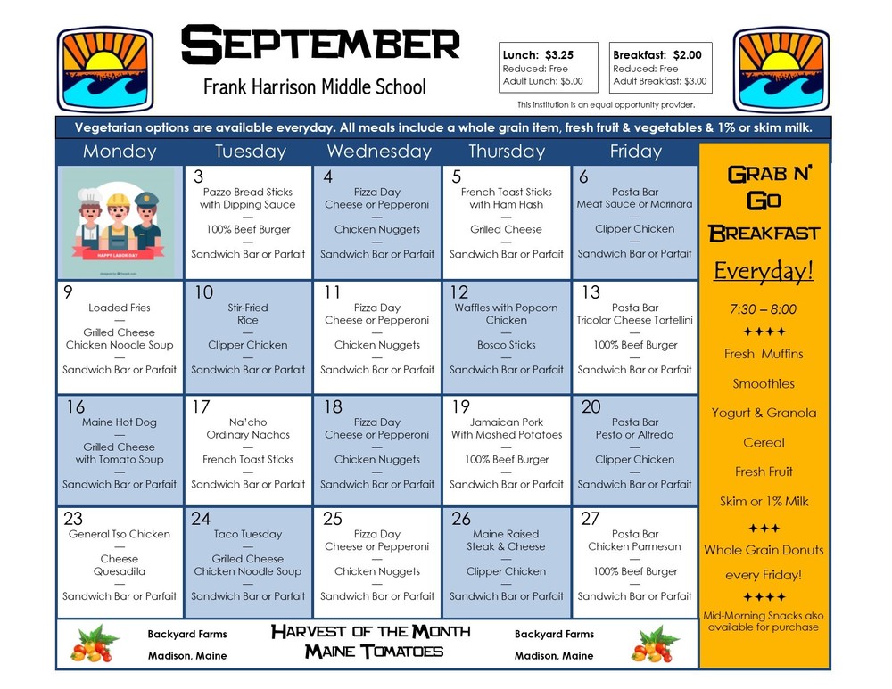 September Menu | FRANK H. HARRISON MIDDLE SCHOOL